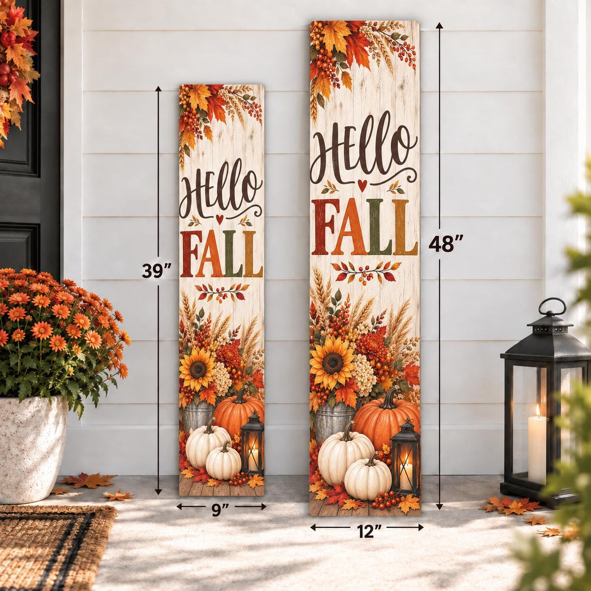 Hello Fall porch sign with harvest leaves and pumpkins — Size comparison. Printed wood-look artwork on aluminum.