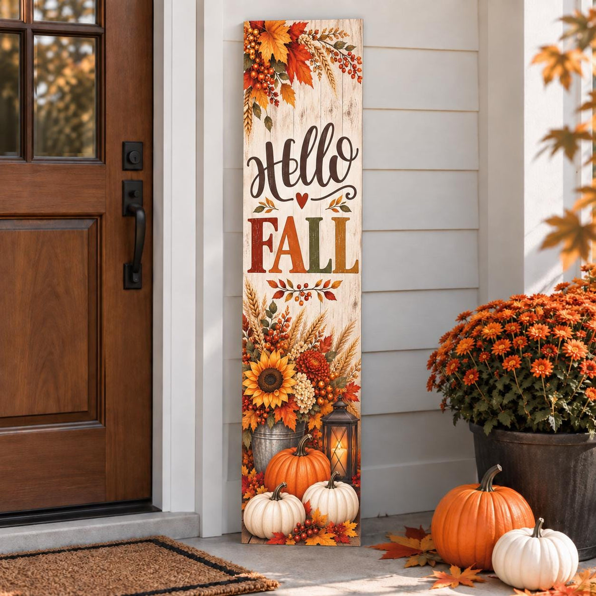 Hello Fall porch sign with harvest leaves and pumpkins — Full sign view. Printed wood-look artwork on aluminum.