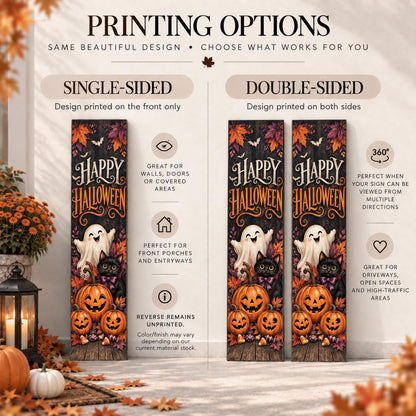 Happy Halloween aluminum porch sign with ghost, black cat and pumpkins — single-sided and double-sided print guide. Wood-look texture is printed artwork.