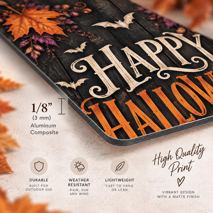 Happy Halloween aluminum porch sign with ghost, black cat and pumpkins — 3 mm aluminum composite detail. Wood-look texture is printed artwork.