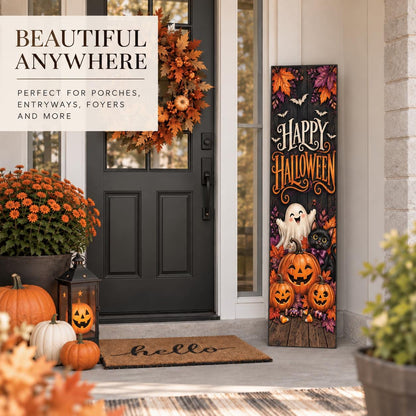 Happy Halloween aluminum porch sign with ghost, black cat and pumpkins — seasonal display. Wood-look texture is printed artwork.