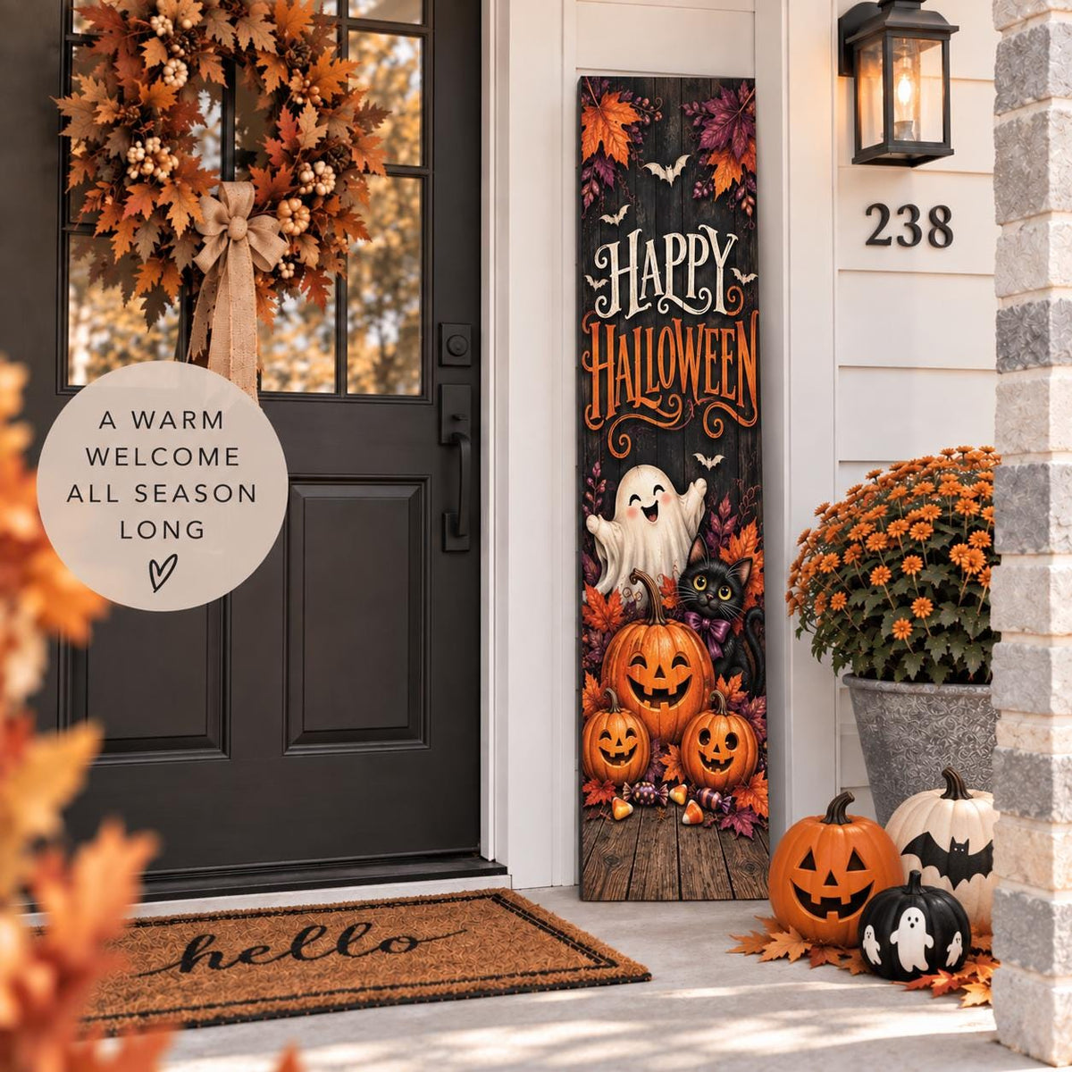 Happy Halloween aluminum porch sign with ghost, black cat and pumpkins — front door display. Wood-look texture is printed artwork.
