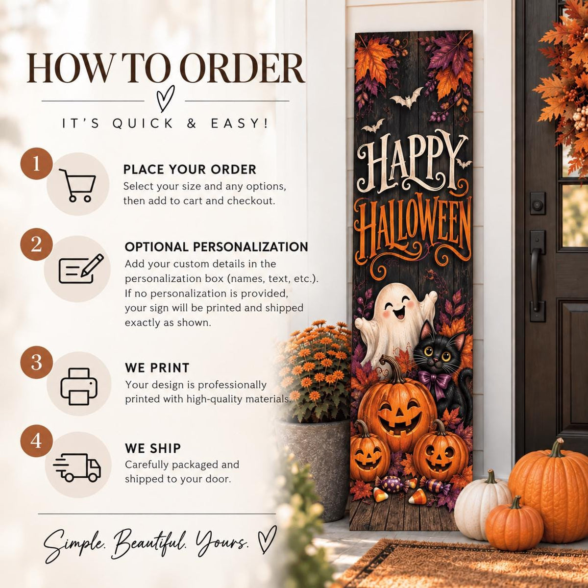 Happy Halloween aluminum porch sign with ghost, black cat and pumpkins — ordering and personalization guide. Wood-look texture is printed artwork.