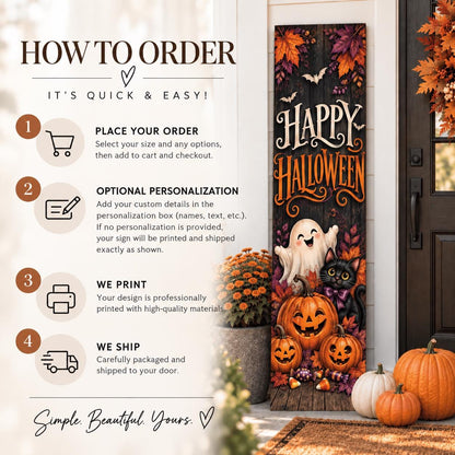 Happy Halloween aluminum porch sign with ghost, black cat and pumpkins — ordering and personalization guide. Wood-look texture is printed artwork.