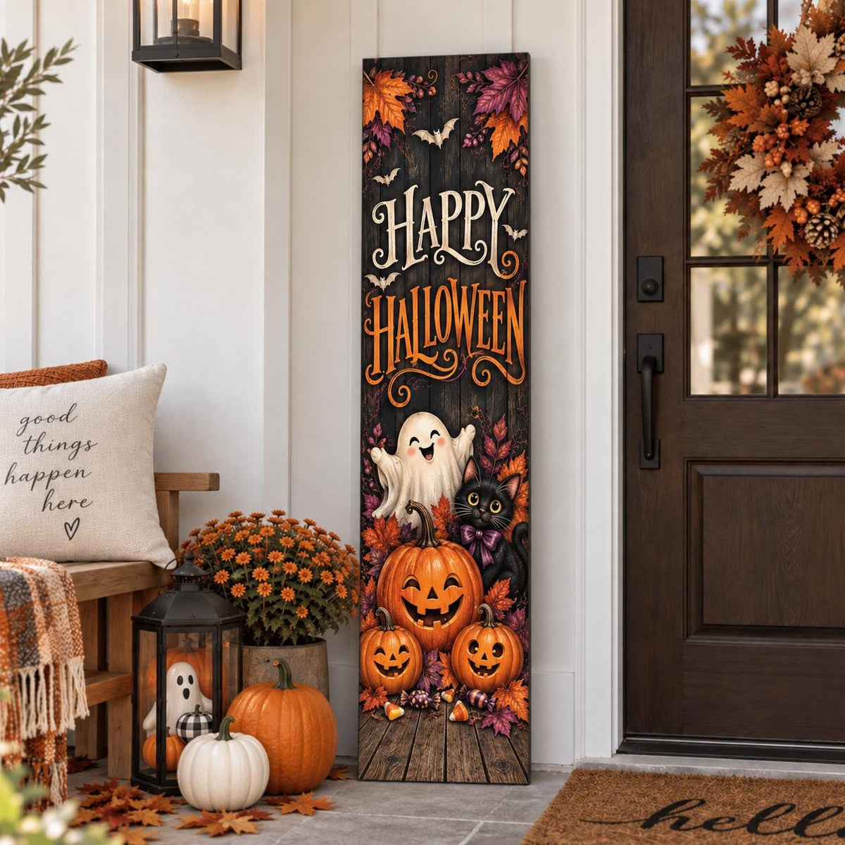 Happy Halloween aluminum porch sign with ghost, black cat and pumpkins — full sign view. Wood-look texture is printed artwork.