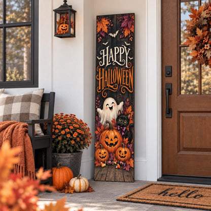 Happy Halloween aluminum porch sign with ghost, black cat and pumpkins — artwork close-up. Wood-look texture is printed artwork.