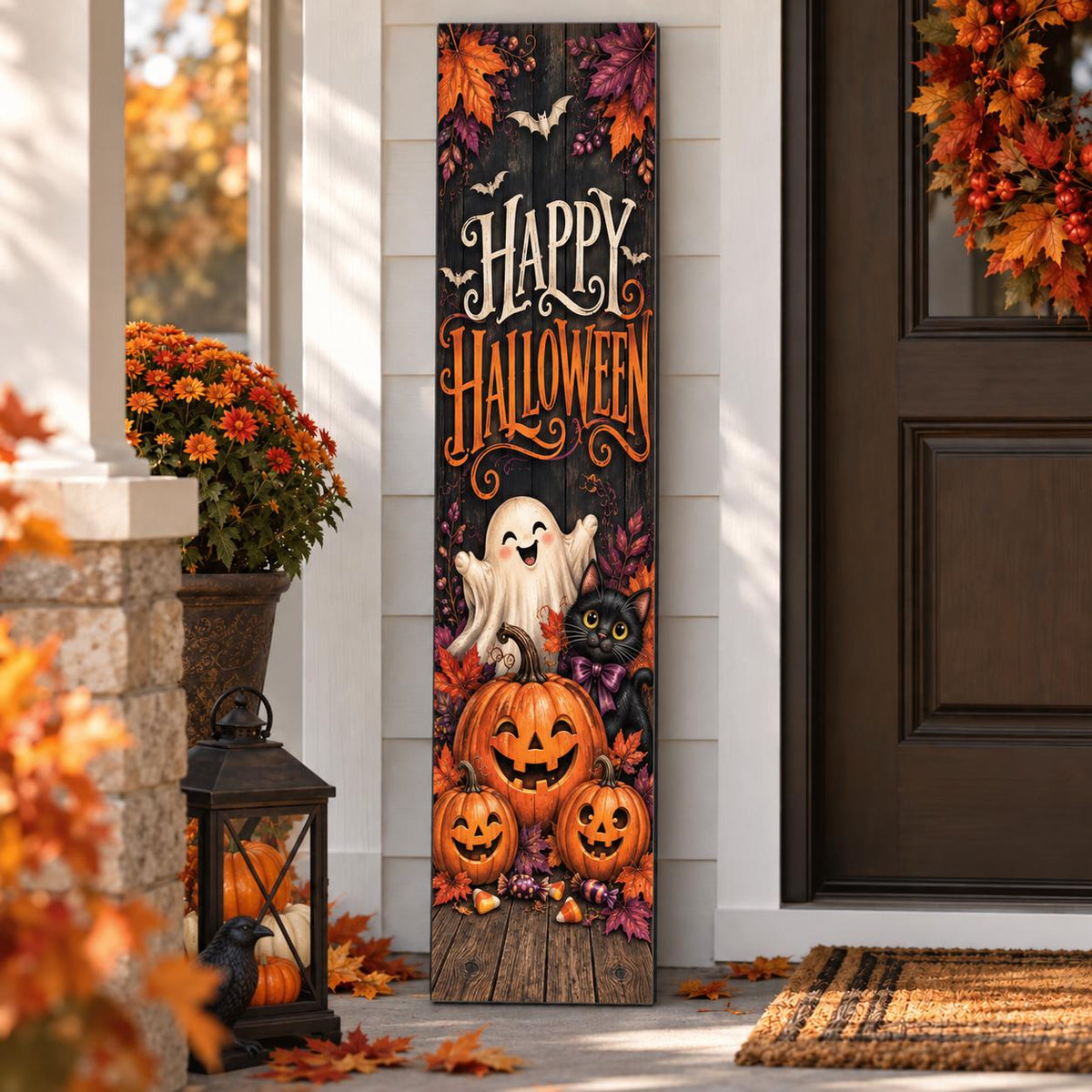 Happy Halloween aluminum porch sign with ghost, black cat and pumpkins — design view. Wood-look texture is printed artwork.