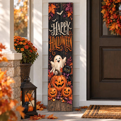 Happy Halloween aluminum porch sign with ghost, black cat and pumpkins — design view. Wood-look texture is printed artwork.