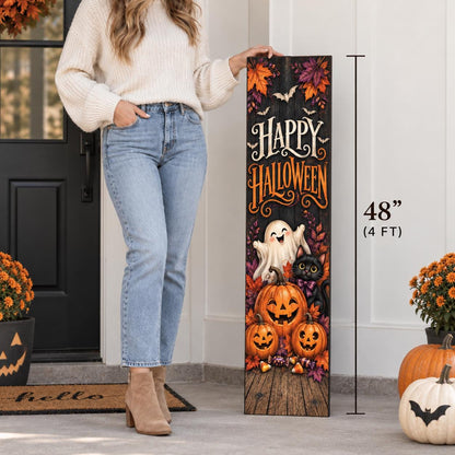 Happy Halloween aluminum porch sign with ghost, black cat and pumpkins — height guide. Wood-look texture is printed artwork.