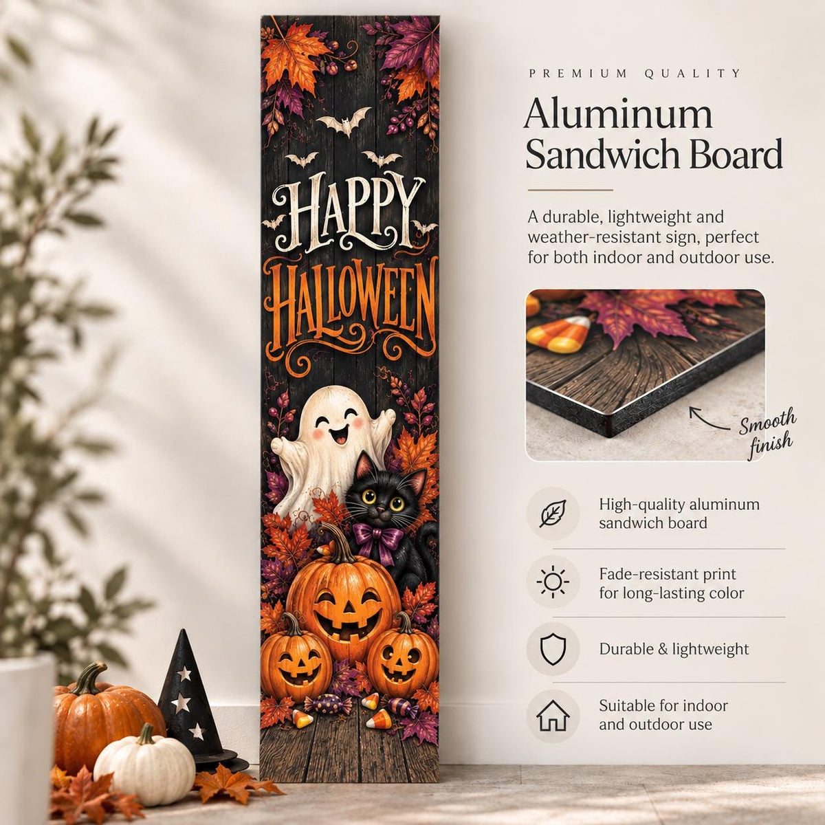 Happy Halloween aluminum porch sign with ghost, black cat and pumpkins — material guide. Wood-look texture is printed artwork.