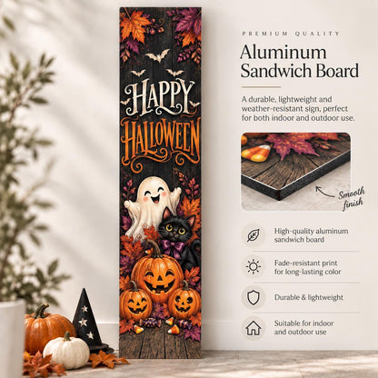 Happy Halloween aluminum porch sign with ghost, black cat and pumpkins — material guide. Wood-look texture is printed artwork.