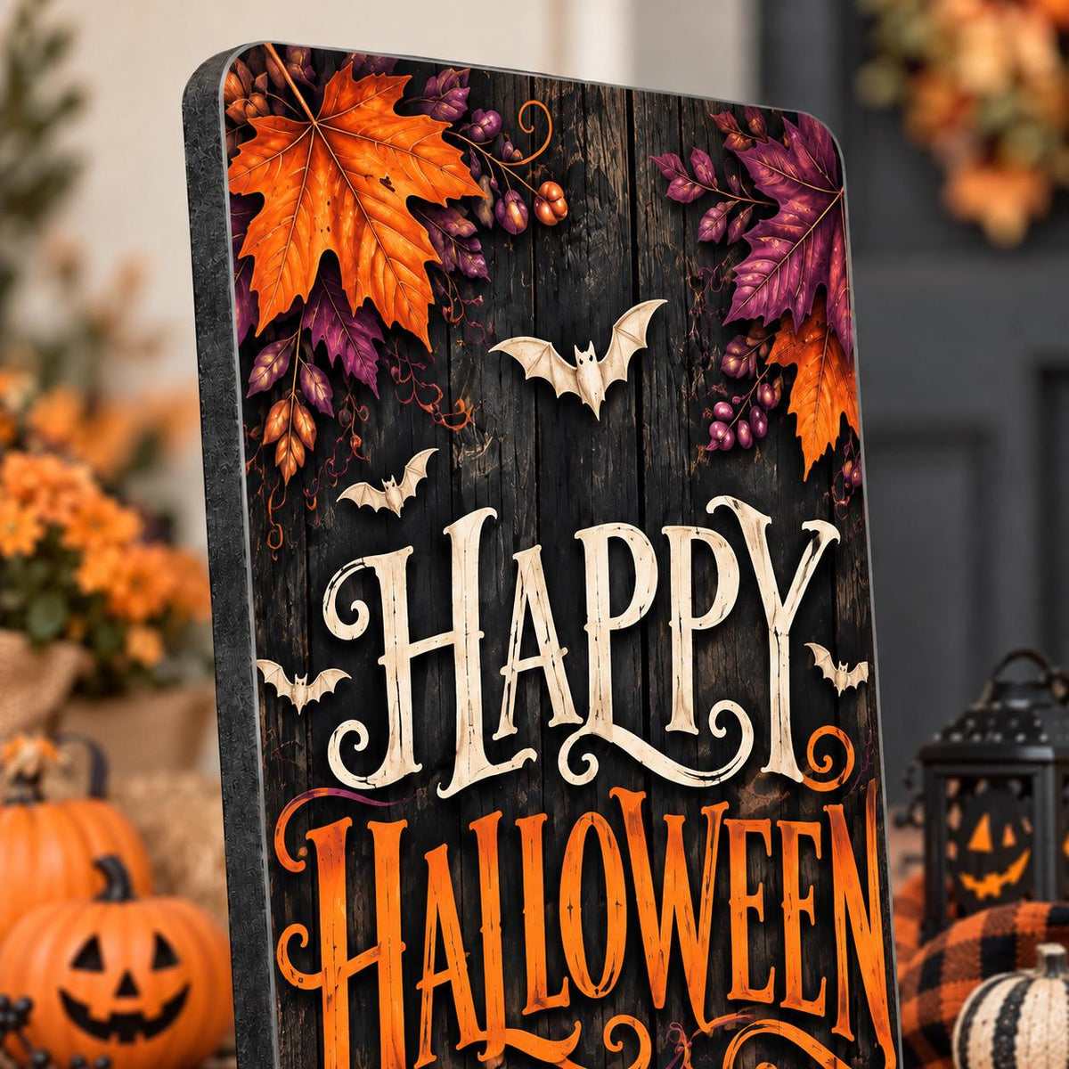 Happy Halloween aluminum porch sign with ghost, black cat and pumpkins — artwork detail. Wood-look texture is printed artwork.
