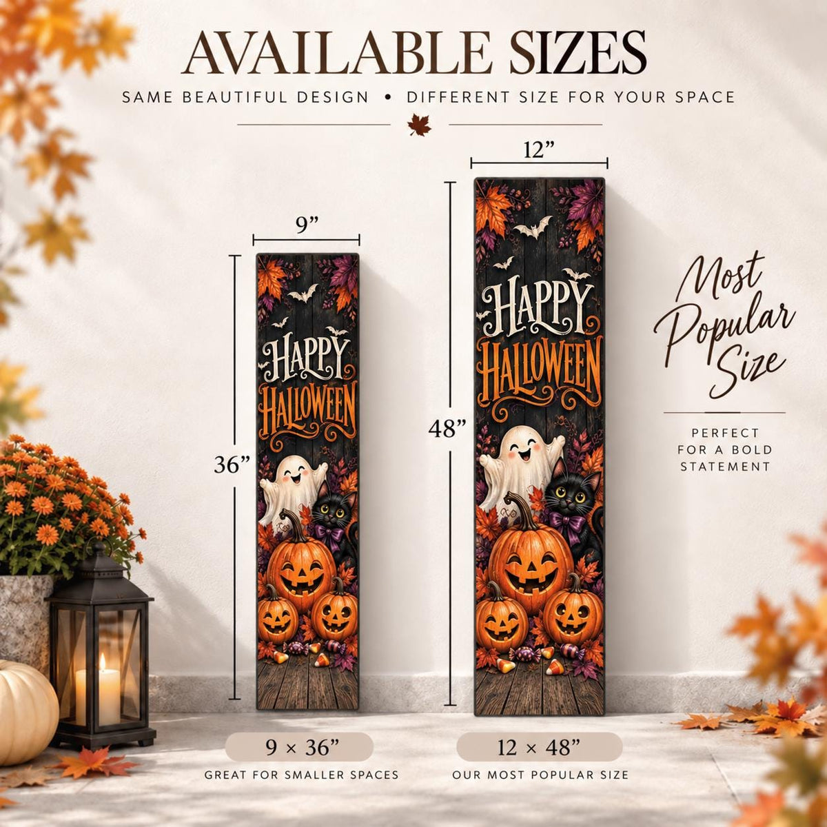 Happy Halloween aluminum porch sign with ghost, black cat and pumpkins — size comparison. Wood-look texture is printed artwork.