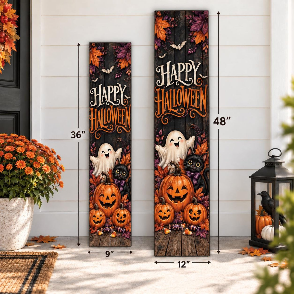 Happy Halloween aluminum porch sign with ghost, black cat and pumpkins — size guide. Wood-look texture is printed artwork.