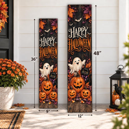 Happy Halloween aluminum porch sign with ghost, black cat and pumpkins — size guide. Wood-look texture is printed artwork.