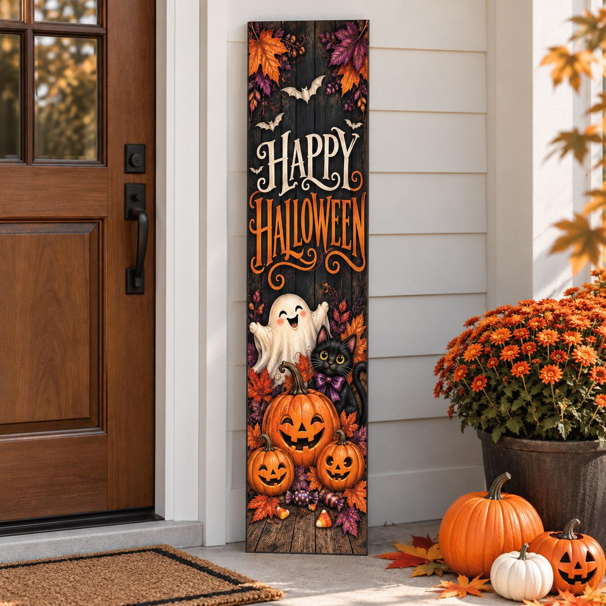 Happy Halloween aluminum porch sign with ghost, black cat and pumpkins — porch display. Wood-look texture is printed artwork.