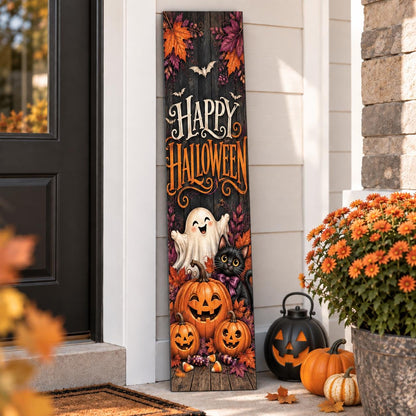 Happy Halloween aluminum porch sign with ghost, black cat and pumpkins — design detail. Wood-look texture is printed artwork.