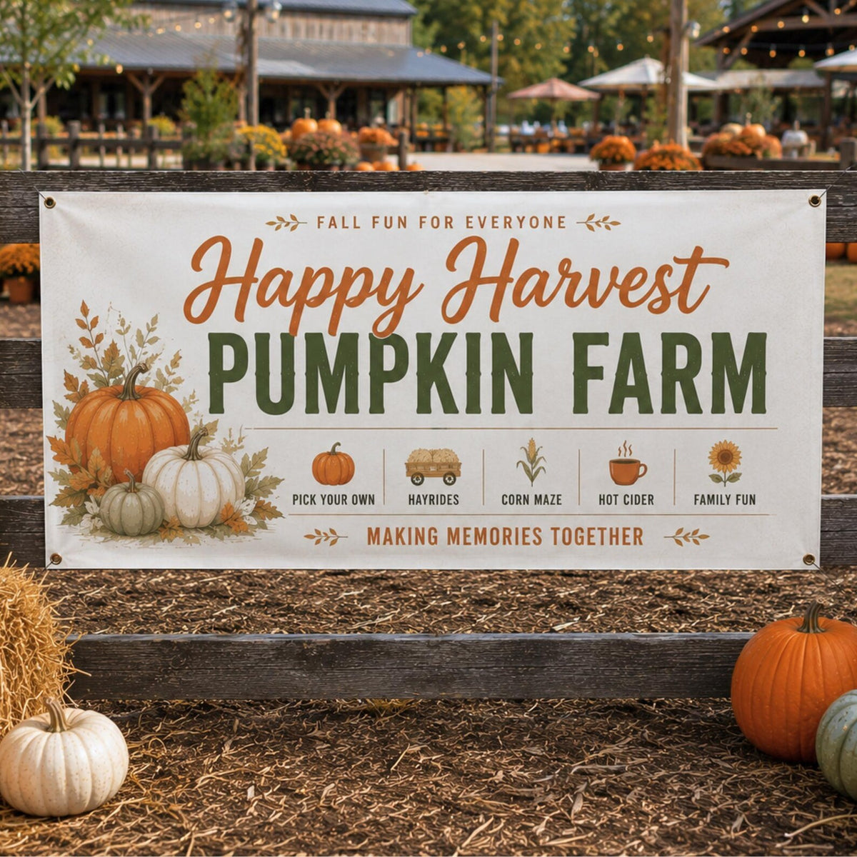 Happy Harvest Pumpkin Farm banner with pumpkins and activity icons displayed on a rustic fence.