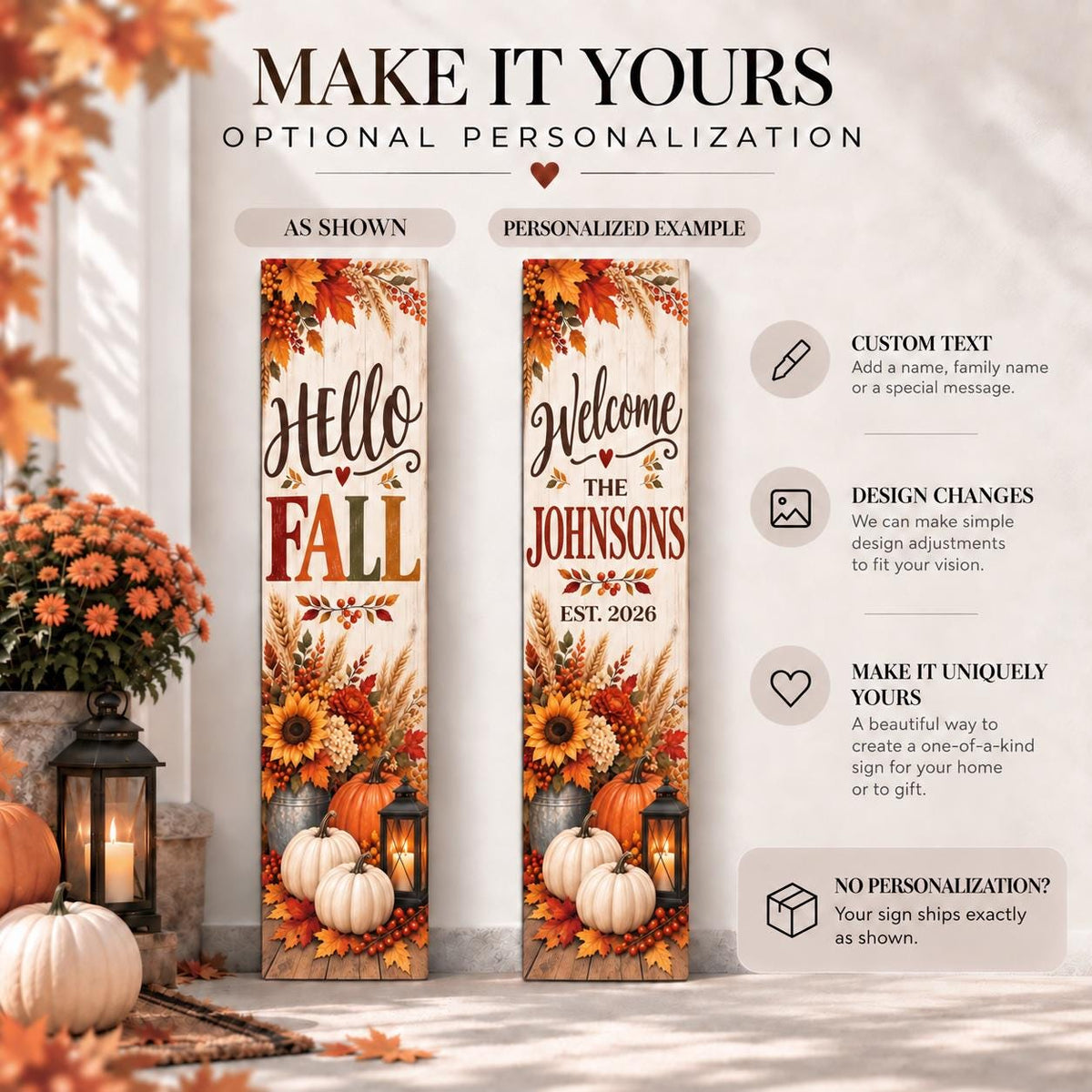 Hello Fall harvest porch sign beside a personalized Welcome The Johnsons example.