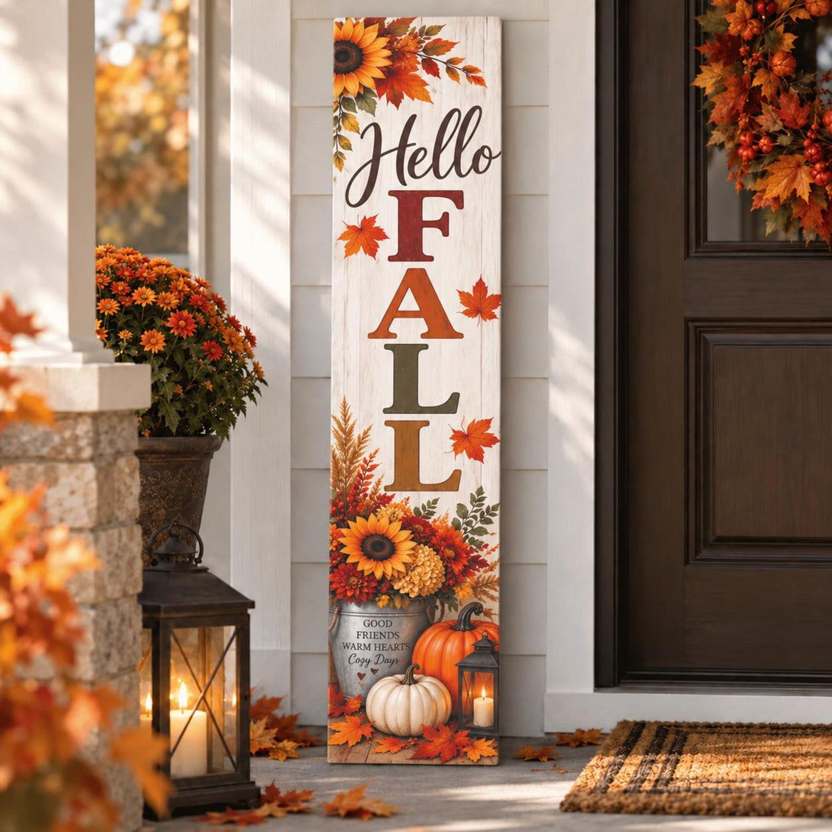 Hello Fall porch sign with a white wood-look print, sunflowers and pumpkins in a bucket.