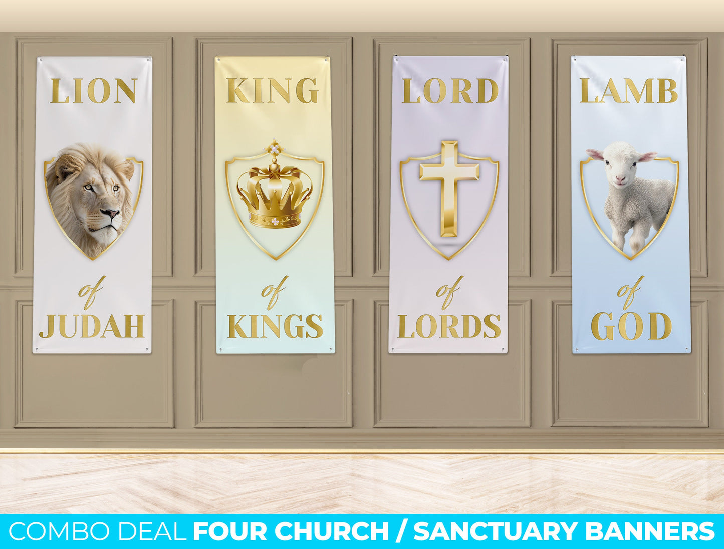 Set of 4 Church Banners, Sanctuary Banners, Mission Worship, Church Wall Vinyl Banner, Lion of Judah Lamb of God Lord of Lords King of Kings
