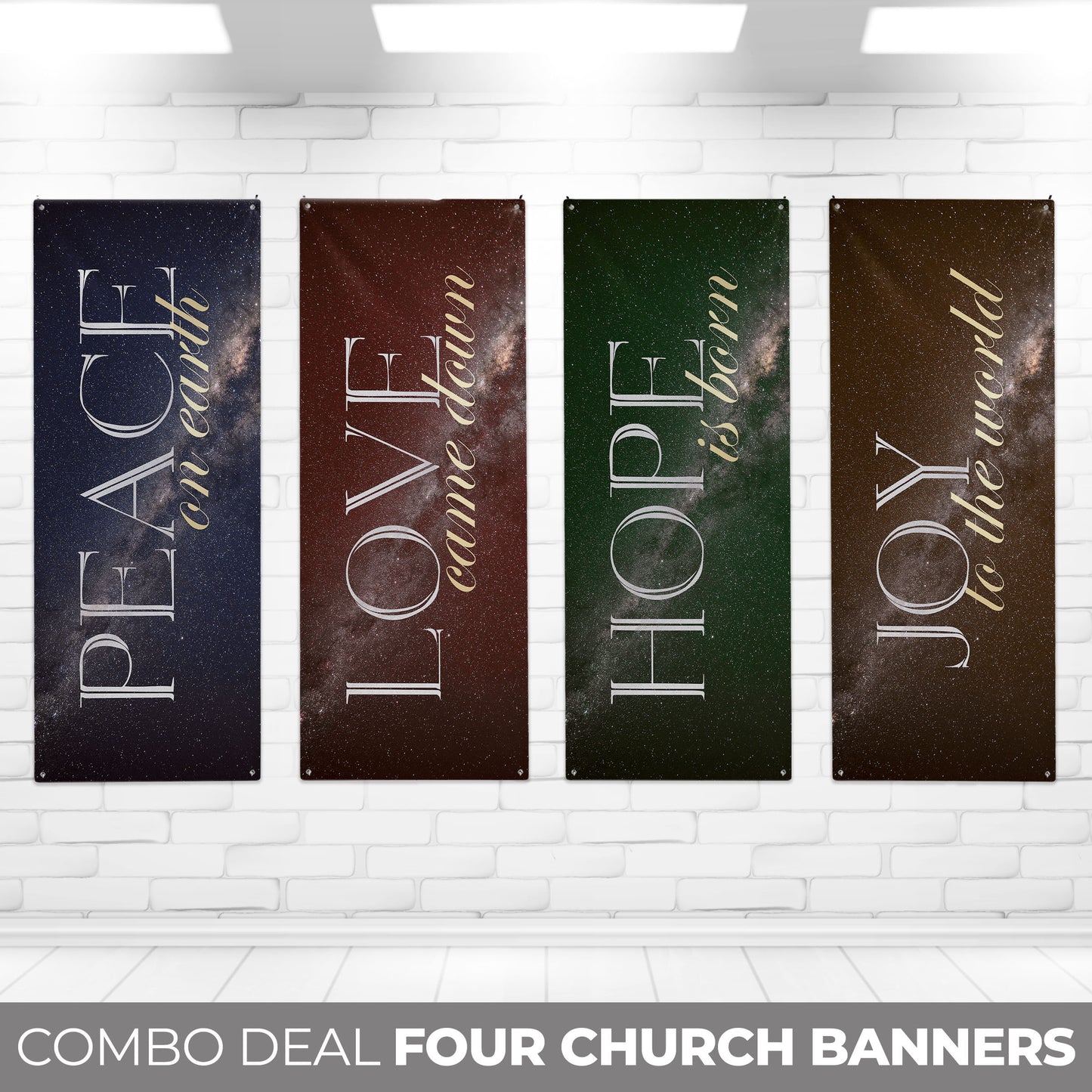 Set of 4 Church Banners, Peace, Love, Hope Joy, Church Banner Set, Sanctuary Banners, Mission Worship, Church Wall Vinyl Banner Decor