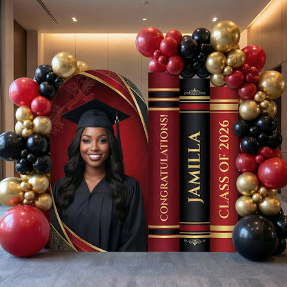 Red, black and gold custom graduation board display