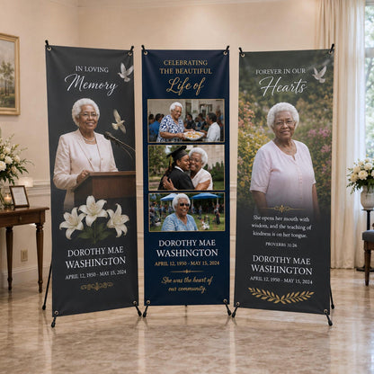 Coordinated memorial banner set with a woman's portraits, family photo collage, white flowers and remembrance text.