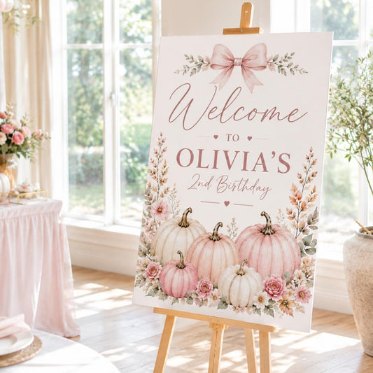 Pumpkin birthday welcome sign with Olivia's name, a pink bow, blush pumpkins and flowers, displayed on an easel.