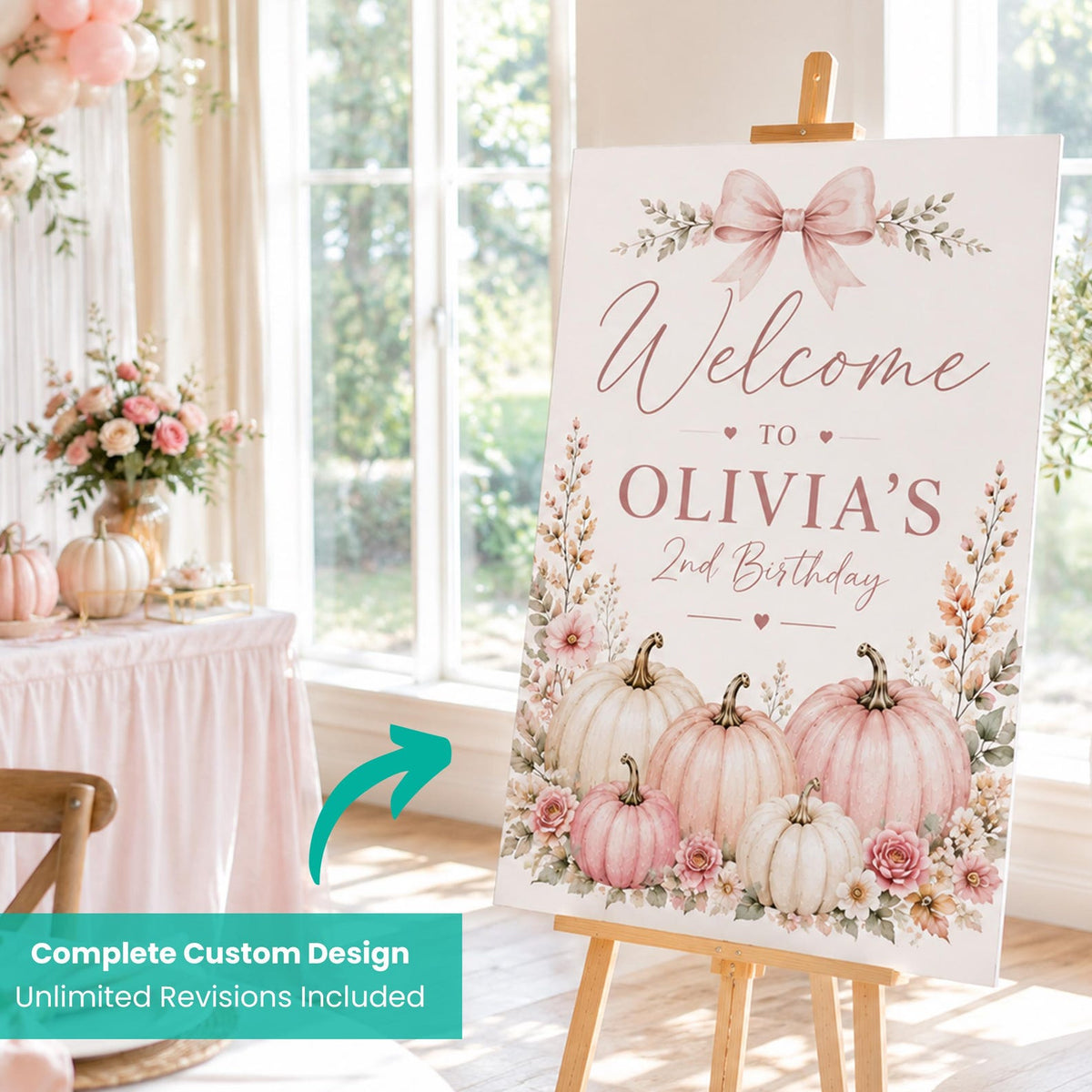 Pumpkin birthday sign display illustrating custom design and included revisions.