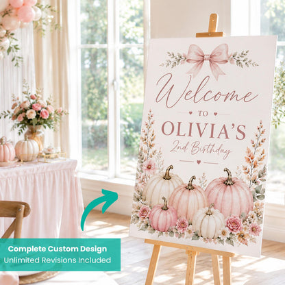 Pumpkin birthday sign display illustrating custom design and included revisions.