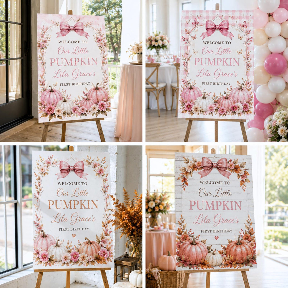 Four pumpkin birthday welcome sign design examples in pink and autumn color palettes.