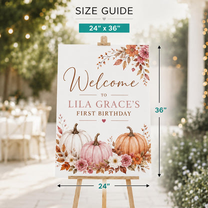 Size guide showing a 24 by 36 inch pumpkin birthday welcome sign on an easel.