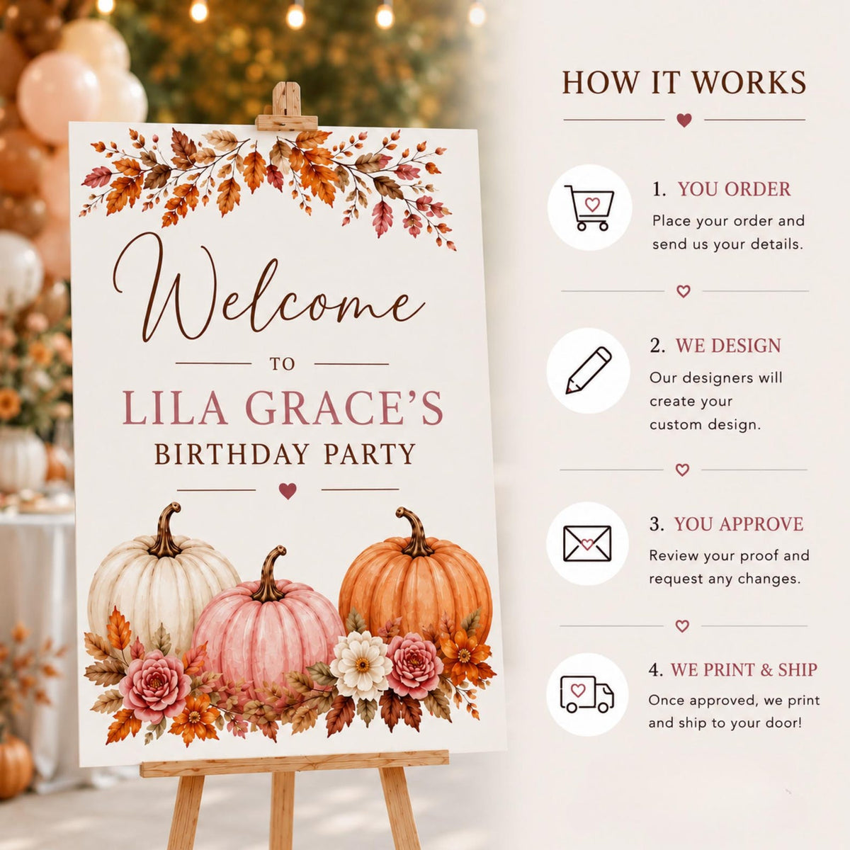Pumpkin birthday welcome sign beside a guide to ordering, design, proof approval and printing.