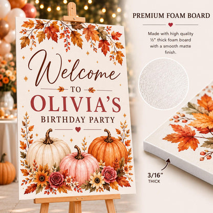 Pumpkin birthday foam board sign with a close-up of its 3/16-inch thickness.