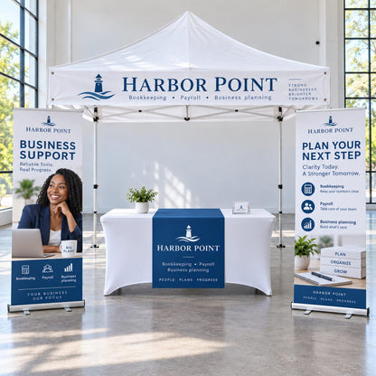 Custom vendor booth bundle with tent top banner, vinyl table runner and optional retractable banners — photo 1