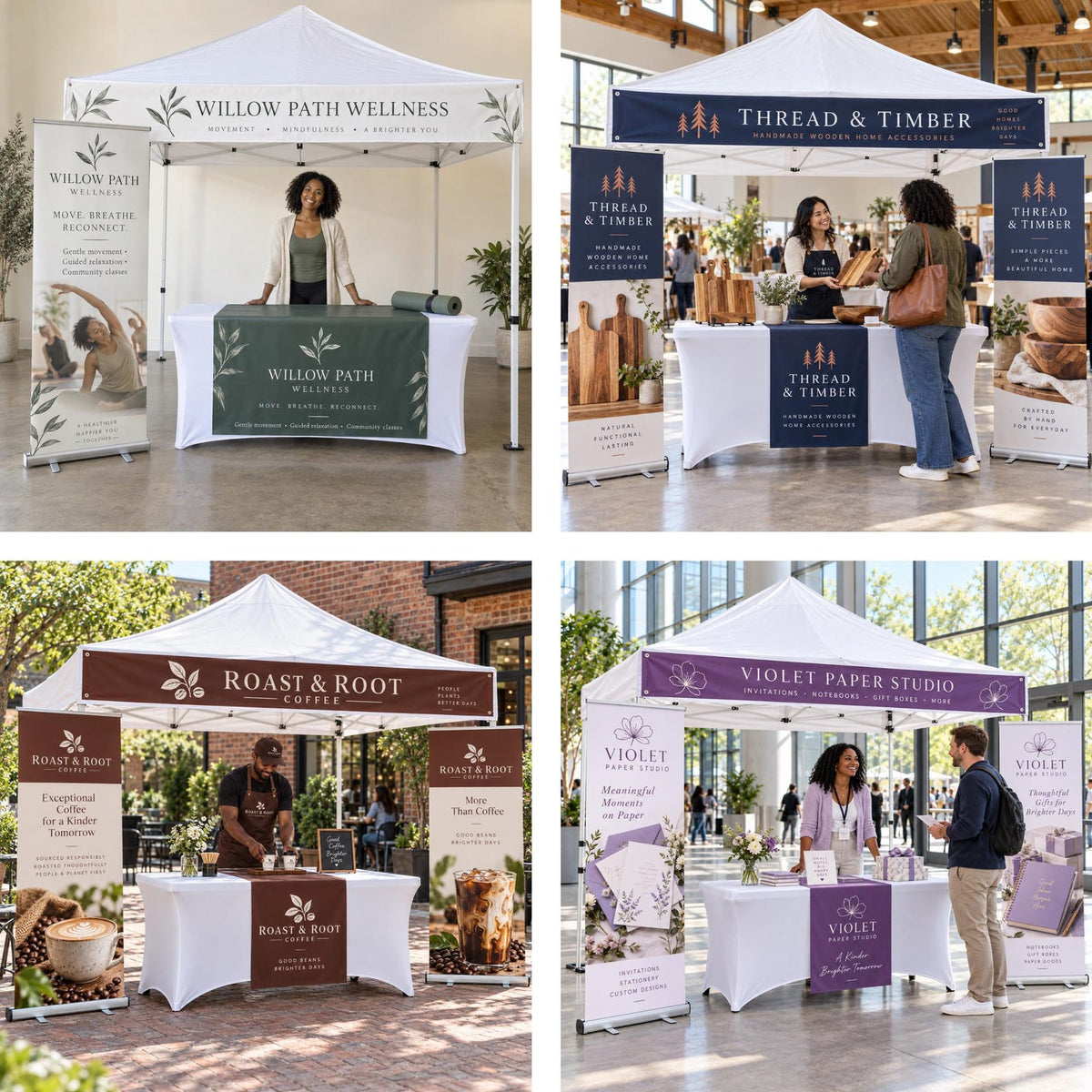 Custom vendor booth bundle with tent top banner, vinyl table runner and optional retractable banners — photo 10