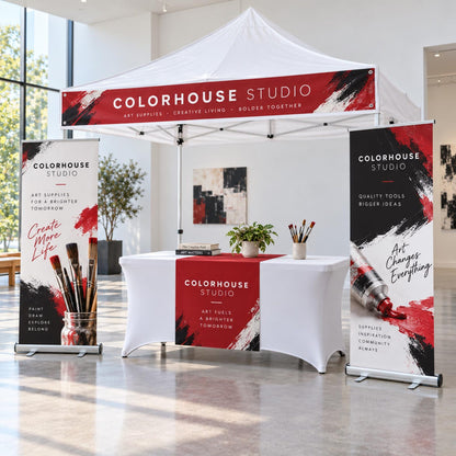 Custom vendor booth bundle with tent top banner, vinyl table runner and optional retractable banners — photo 11