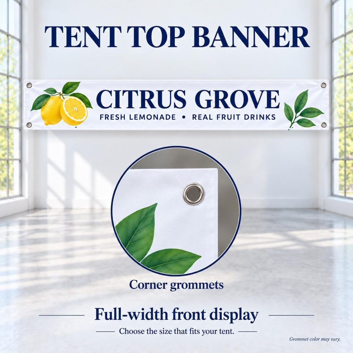Custom vendor booth bundle with tent top banner, vinyl table runner and optional retractable banners — photo 13