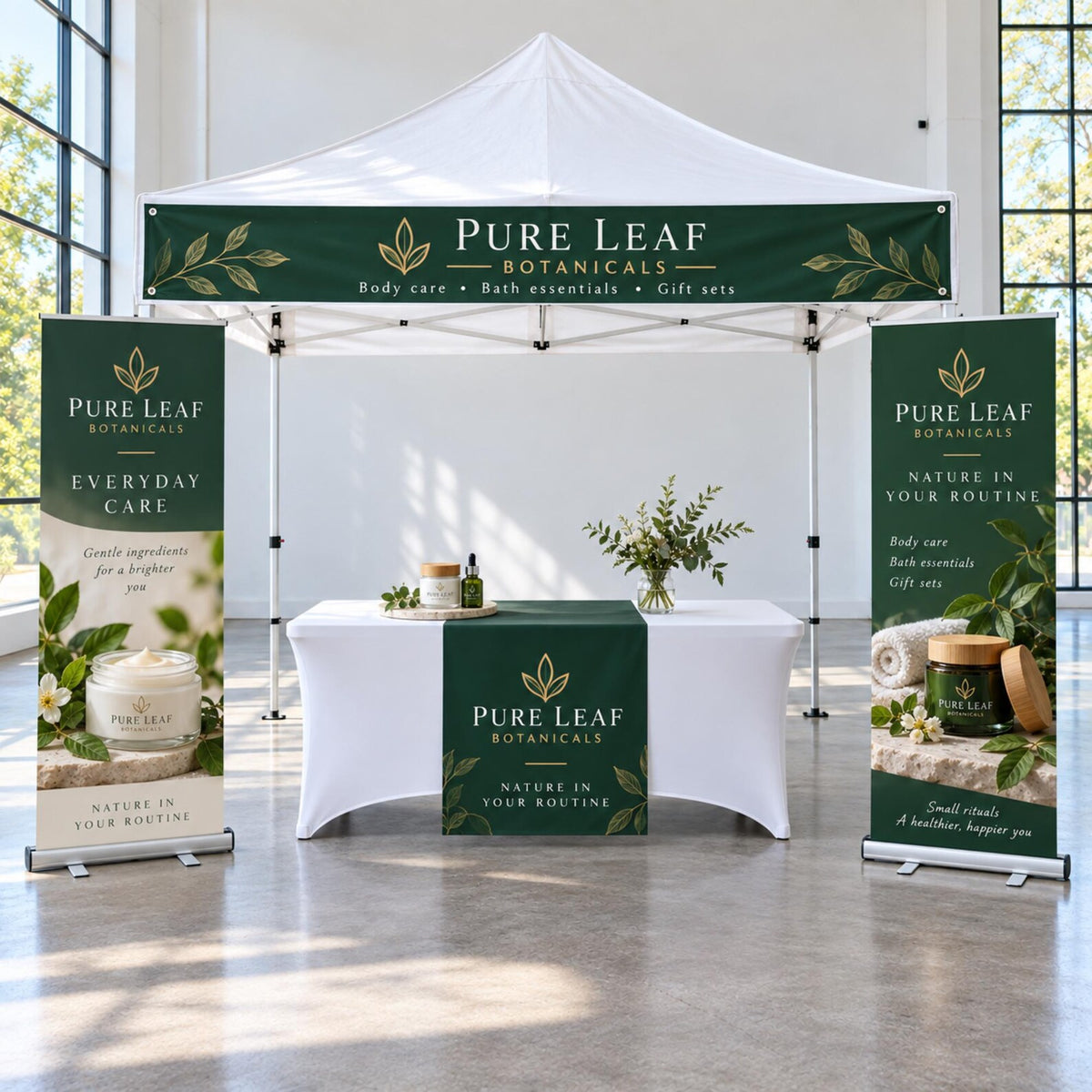 Custom vendor booth bundle with tent top banner, vinyl table runner and optional retractable banners — photo 14
