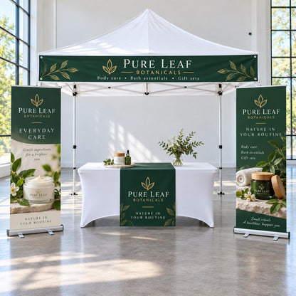 Custom vendor booth bundle with tent top banner, vinyl table runner and optional retractable banners — photo 14