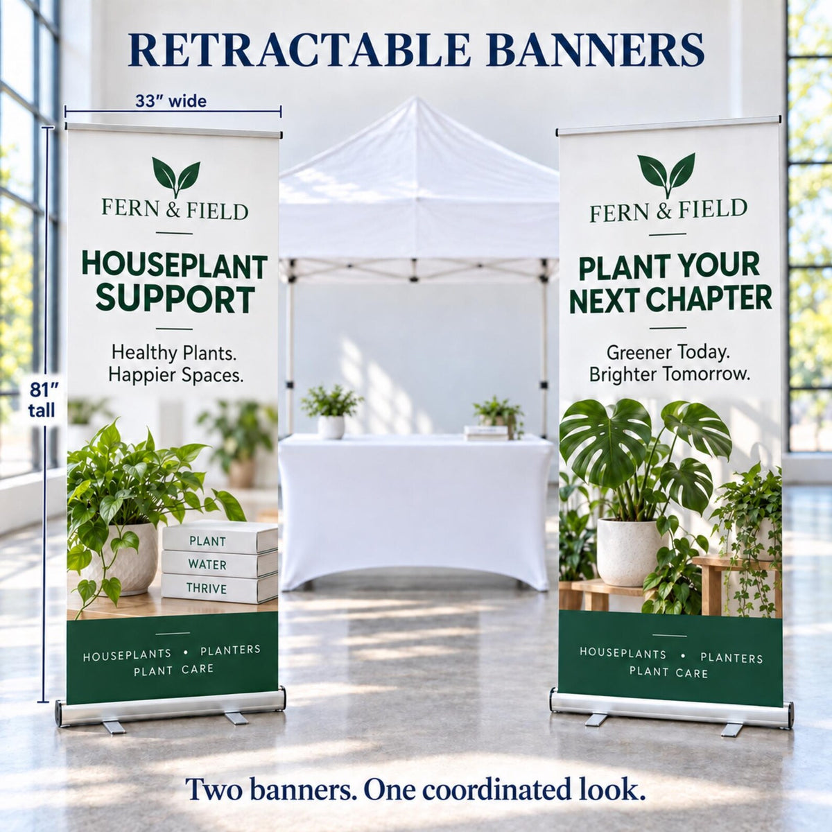 Custom vendor booth bundle with tent top banner, vinyl table runner and optional retractable banners — photo 15