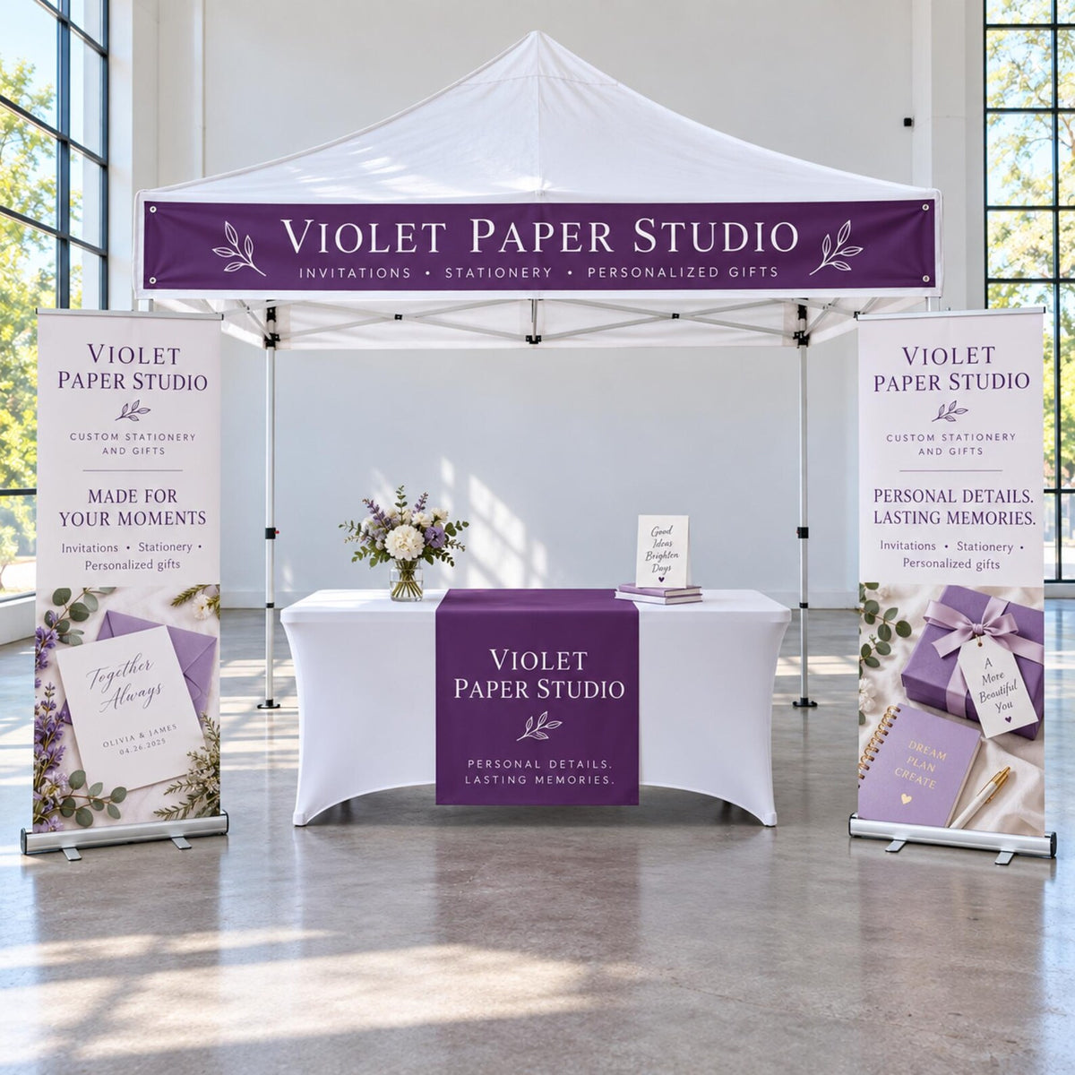 Custom vendor booth bundle with tent top banner, vinyl table runner and optional retractable banners — photo 16