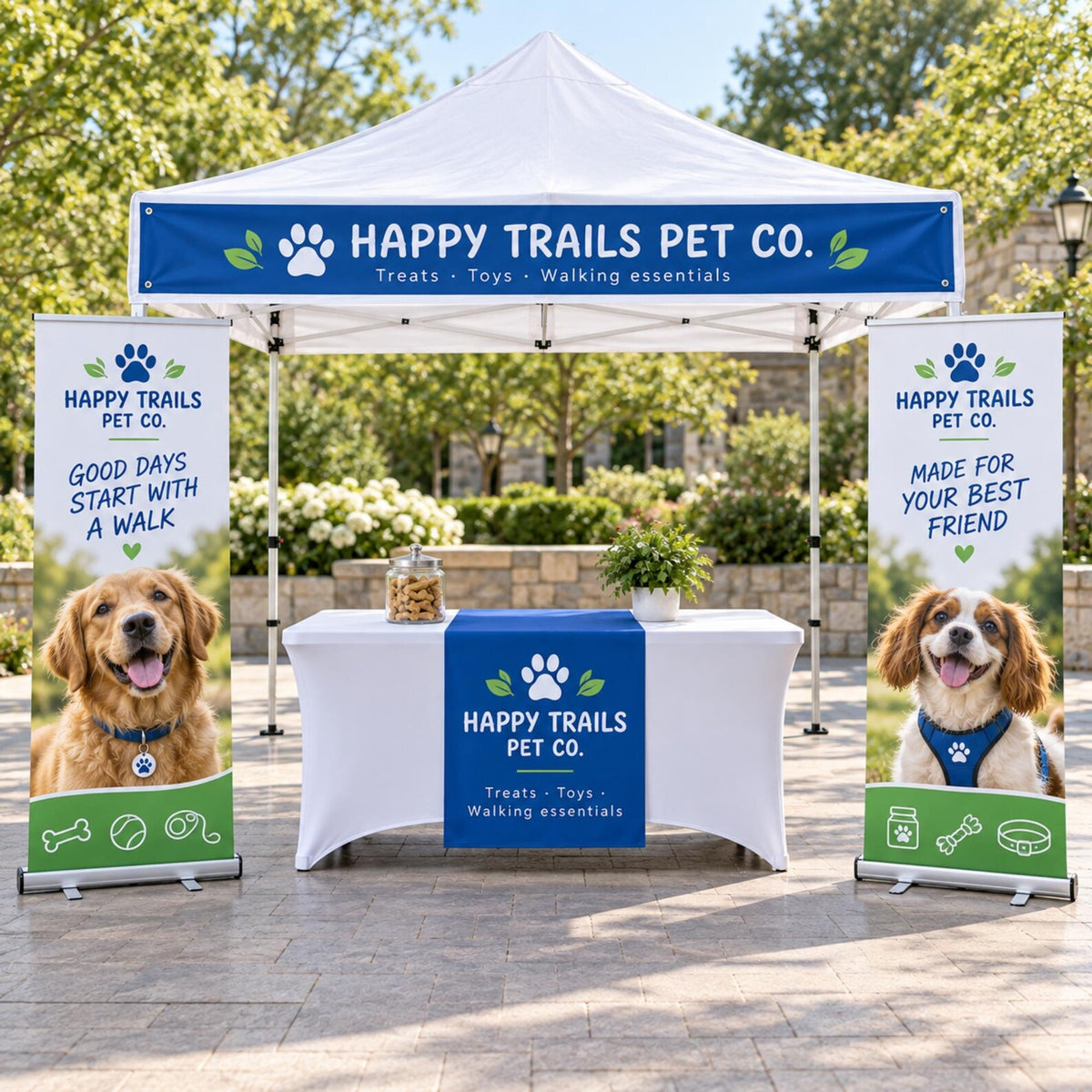 Custom vendor booth bundle with tent top banner, vinyl table runner and optional retractable banners — photo 17