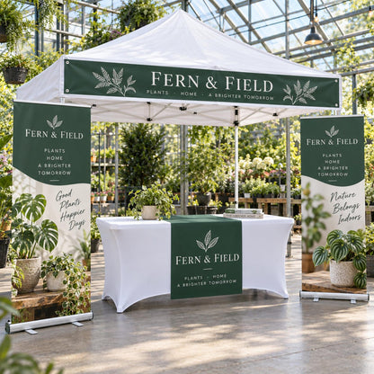 Custom vendor booth bundle with tent top banner, vinyl table runner and optional retractable banners — photo 18