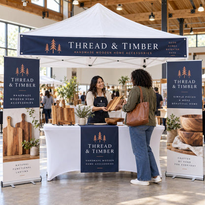 Custom vendor booth bundle with tent top banner, vinyl table runner and optional retractable banners — photo 19