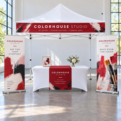 Custom vendor booth bundle with tent top banner, vinyl table runner and optional retractable banners — photo 2