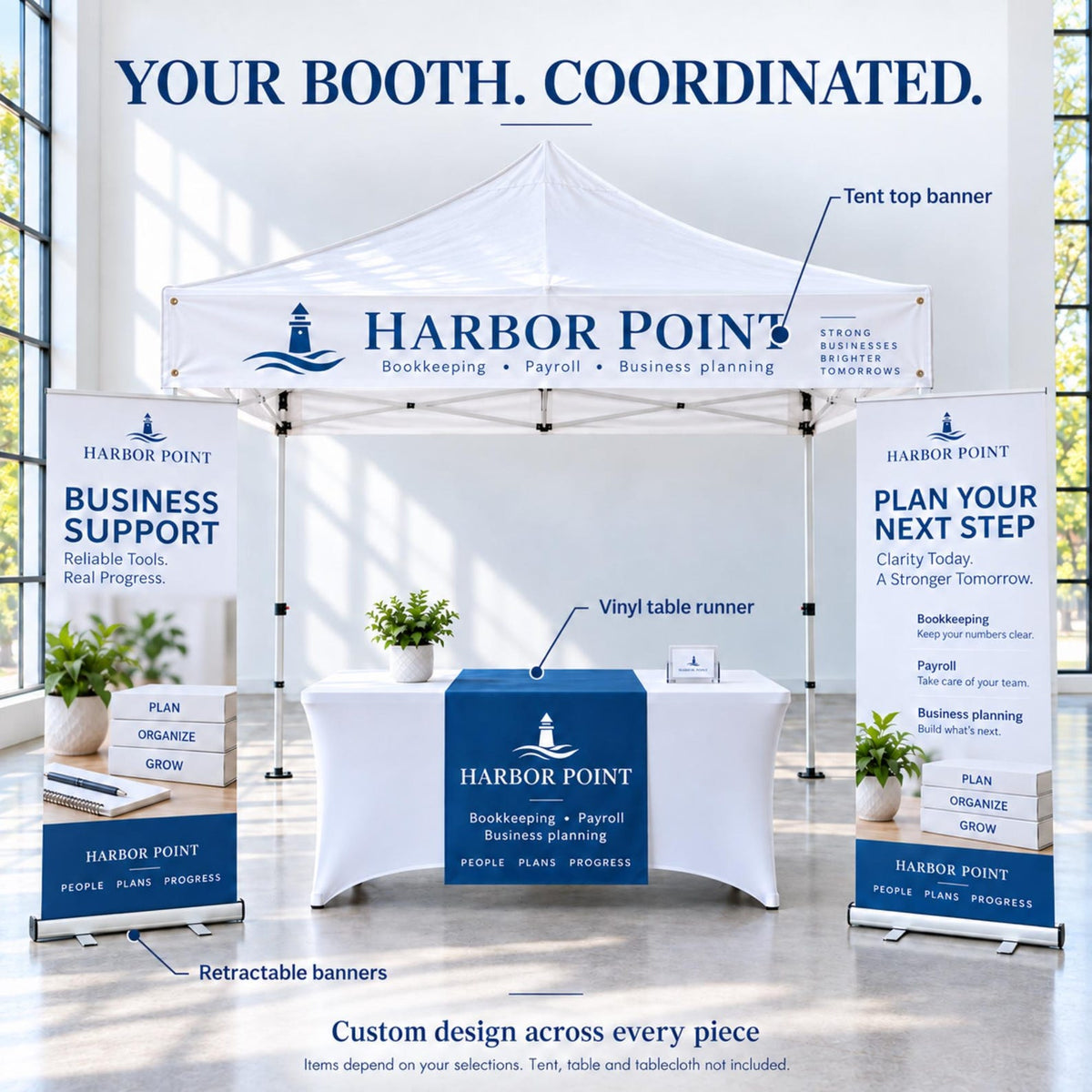 Custom vendor booth bundle with tent top banner, vinyl table runner and optional retractable banners — photo 3