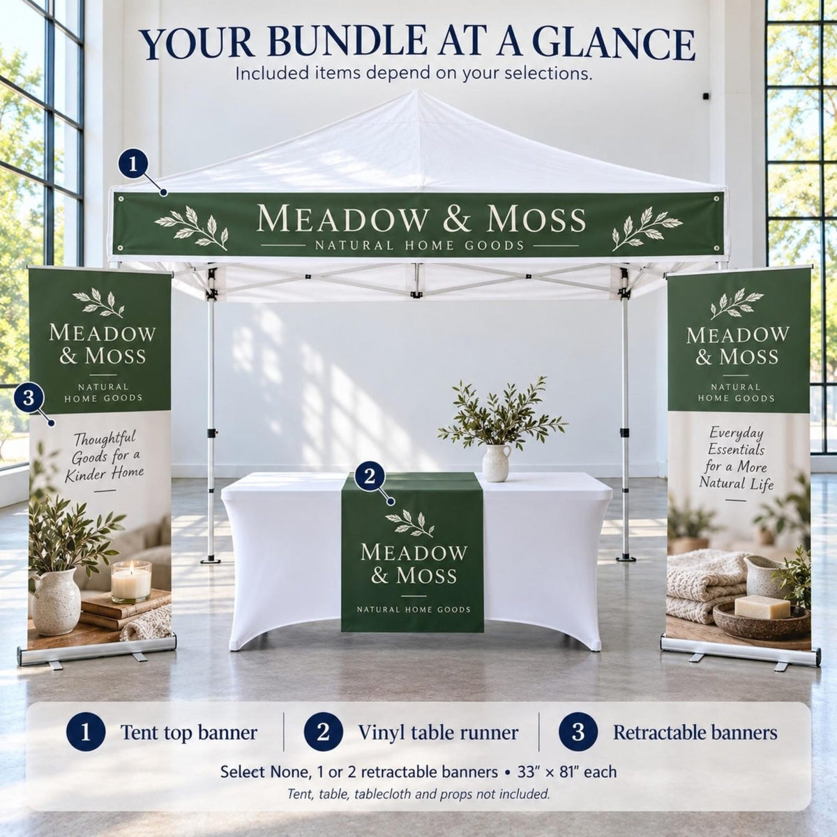 Custom vendor booth bundle with tent top banner, vinyl table runner and optional retractable banners — photo 4