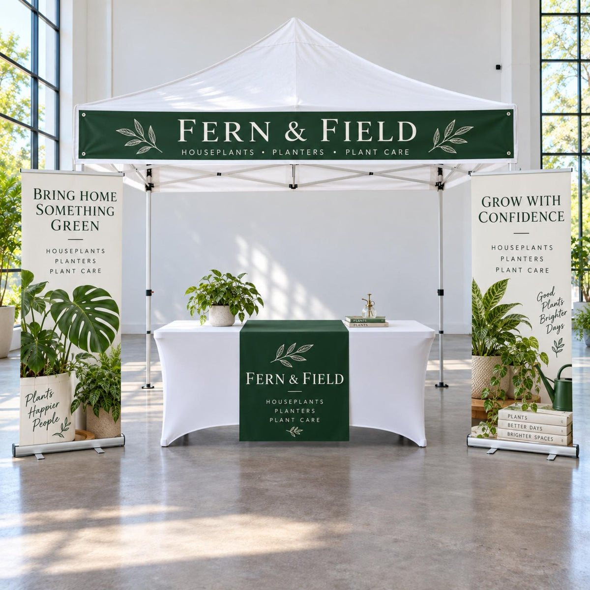 Custom vendor booth bundle with tent top banner, vinyl table runner and optional retractable banners — photo 5
